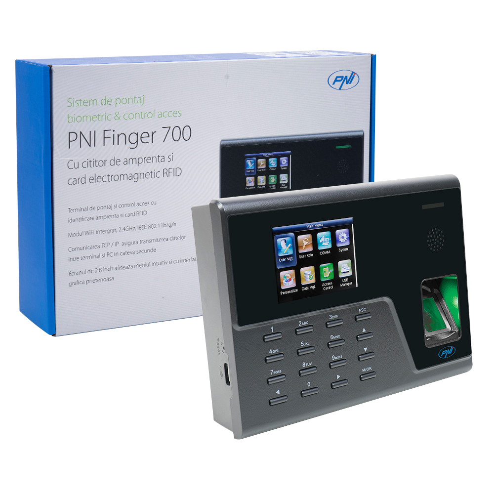 Sistem de pontaj biometric si control acces PNI Finger 700 cu cititor de amprenta si card, conexiune WIFI, soft inclus