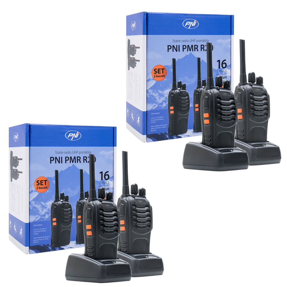Kit 4 statii radio portabile pni pmr r20 acumulatori, incarcatoare si casti incluse