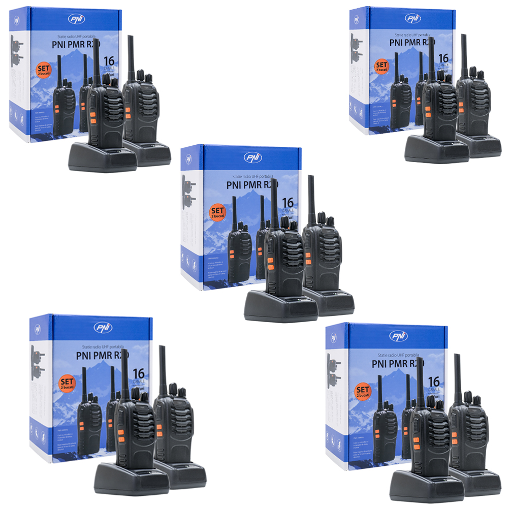 Kit 10 statii radio portabile pni pmr r20 acumulatori, incarcatoare si casti incluse