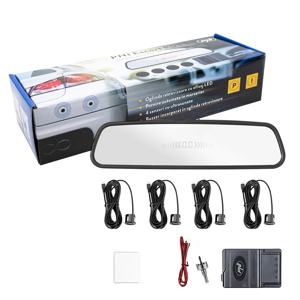 Senzori parcare pni escort p03 b cu afisaj in oglinda, 4 receptori ultrasonici, culoare neagra, 25 mm