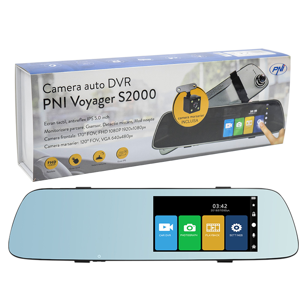 Camera auto DVR PNI Voyager S2000 Full HD 5" incorporata in oglinda retrovizoare si camera de mers inapoi inclusa
