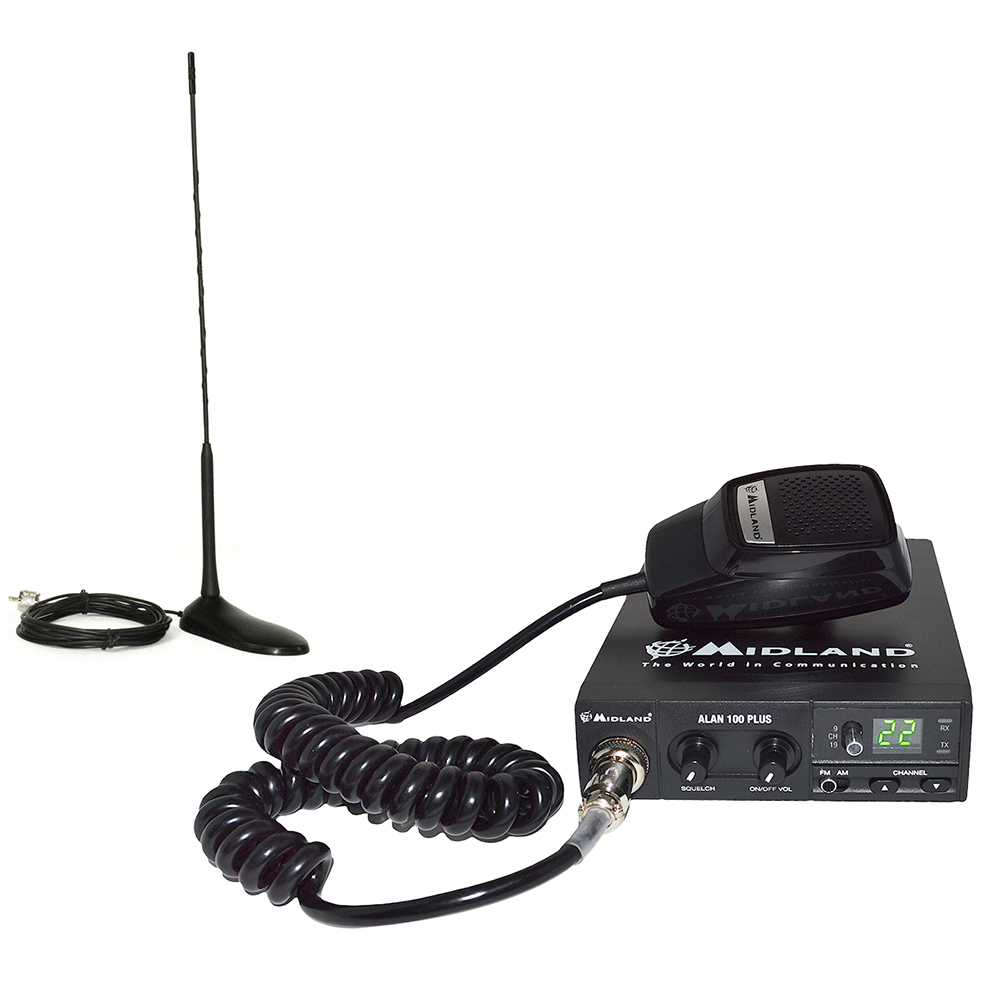 Pachet statie radio cb midland alan 100 sq, scan, 4w, am-fm, 12v + antena pni extra 45 cu magnet 5-7km