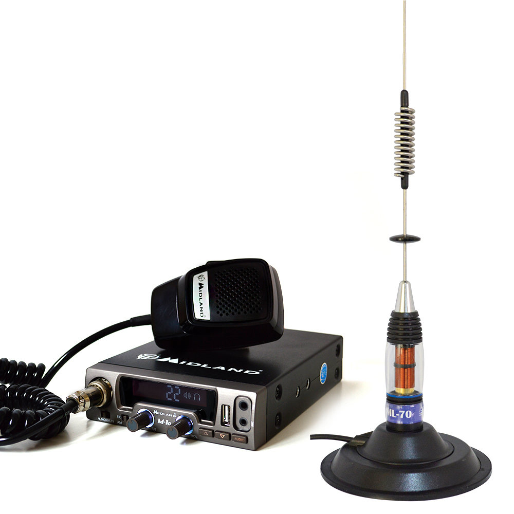 Pachet statie radio CB Midland M10 ASQ Digital, 12V + Antena CB PNI ML70, lungime 70cm, 26-28 MHz, magnet 145 mm inclus