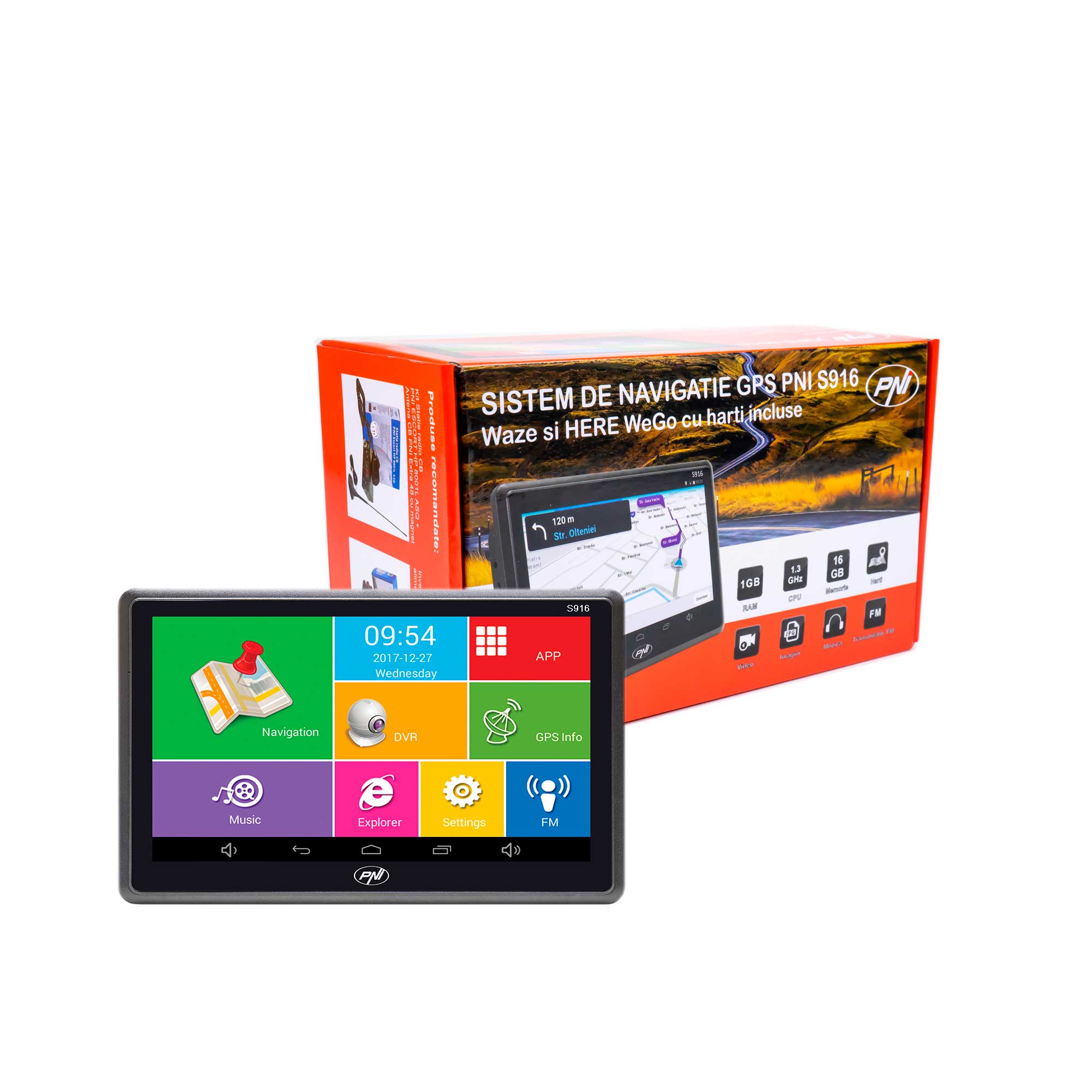 Sistem de navigatie gps + dvr pni s916 ecran 7 inch cu android 6.0, memorie 16 gb, harti here maps si waze cu radarele din romania