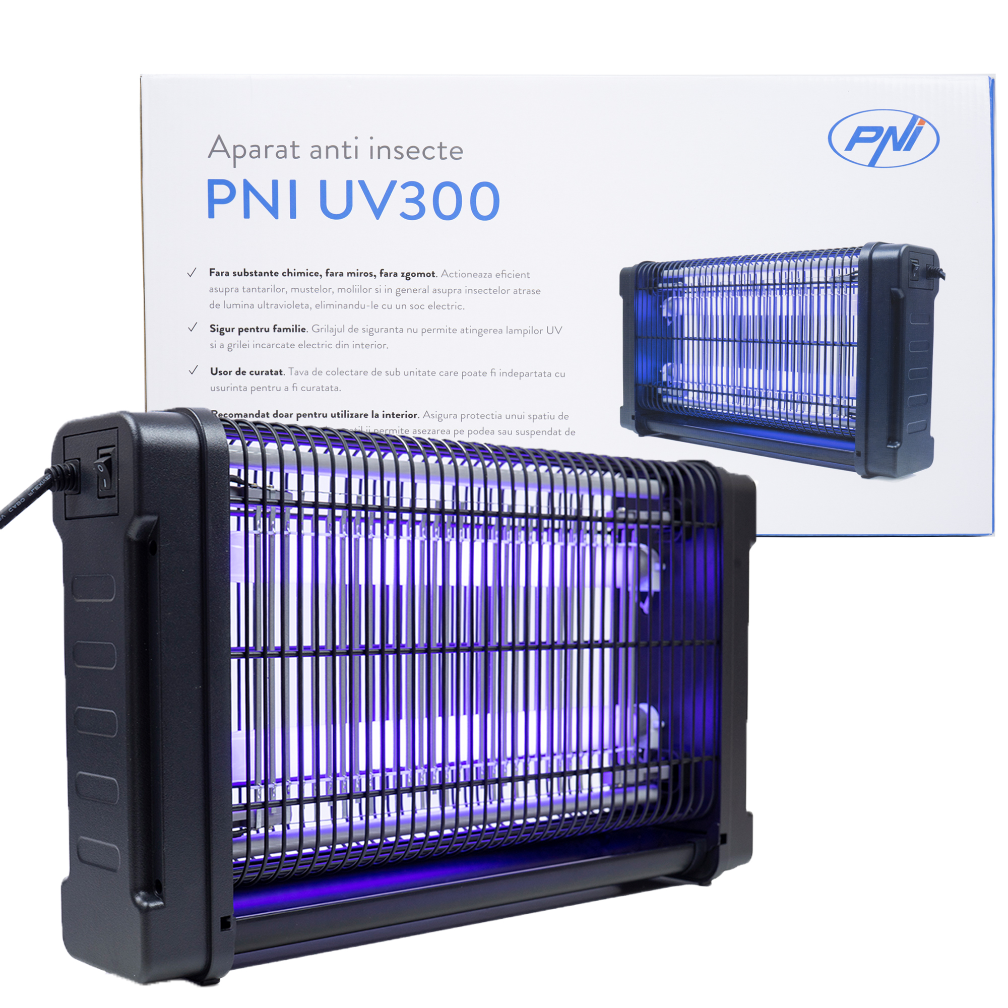 Aparat anti insecte PNI UV300 anti tantari, anti muste, insectocutor cu 2 tuburi ultraviolete, 20W, interior si exterior, montaj pe podea sau tavan