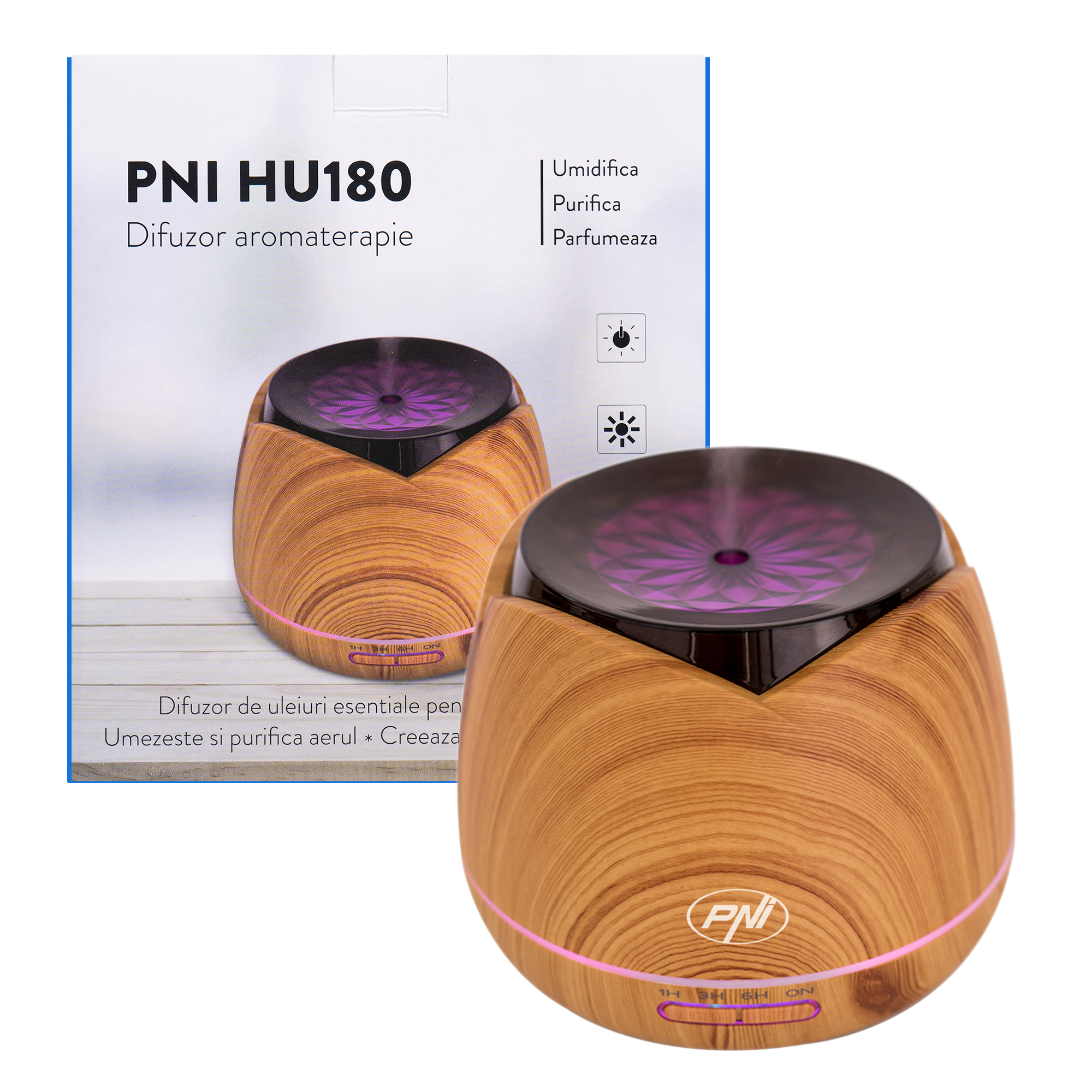 Difuzor aromaterapie pni hu180 pentru uleiuri esentiale, cu ultrasunete, 400 ml, timer, 7 culori led, inchidere automata, wood grain
