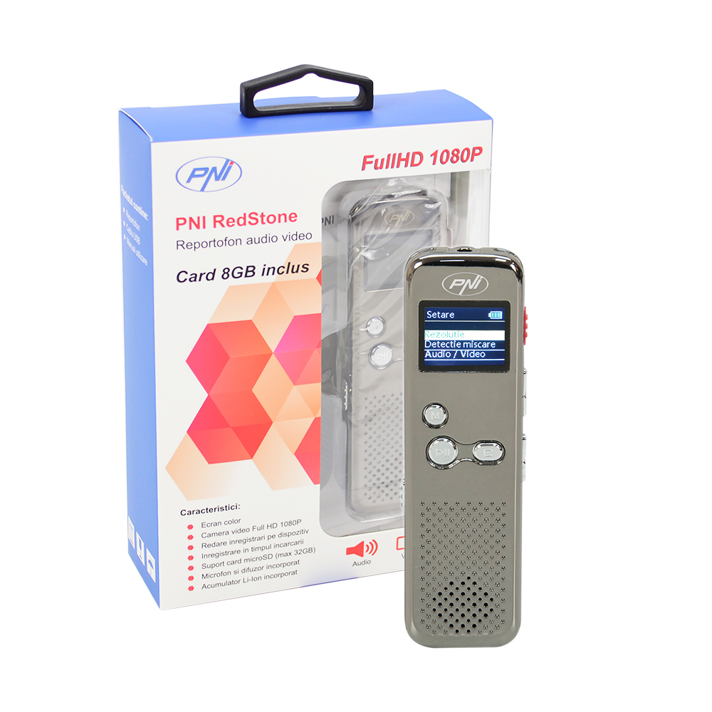 Reportofon audio video pni redstone audio stereo, video 1080p, card microsd 8gb inclus