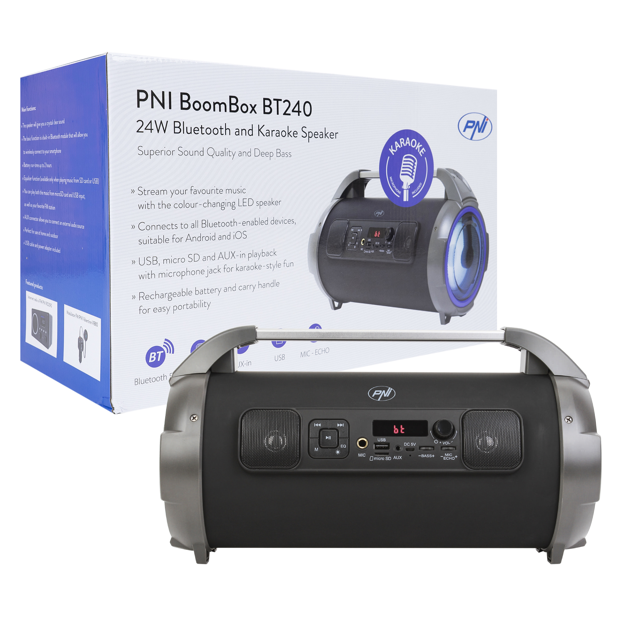 Boxa portabila pni boombox bt240 stereo, 24w, cu bluetooth, usb, slot card micro sd, radio fm, aux-in 3.5mm, functie karaoke, microfon cu fir, baterie reincarcabila, lumini led rgb