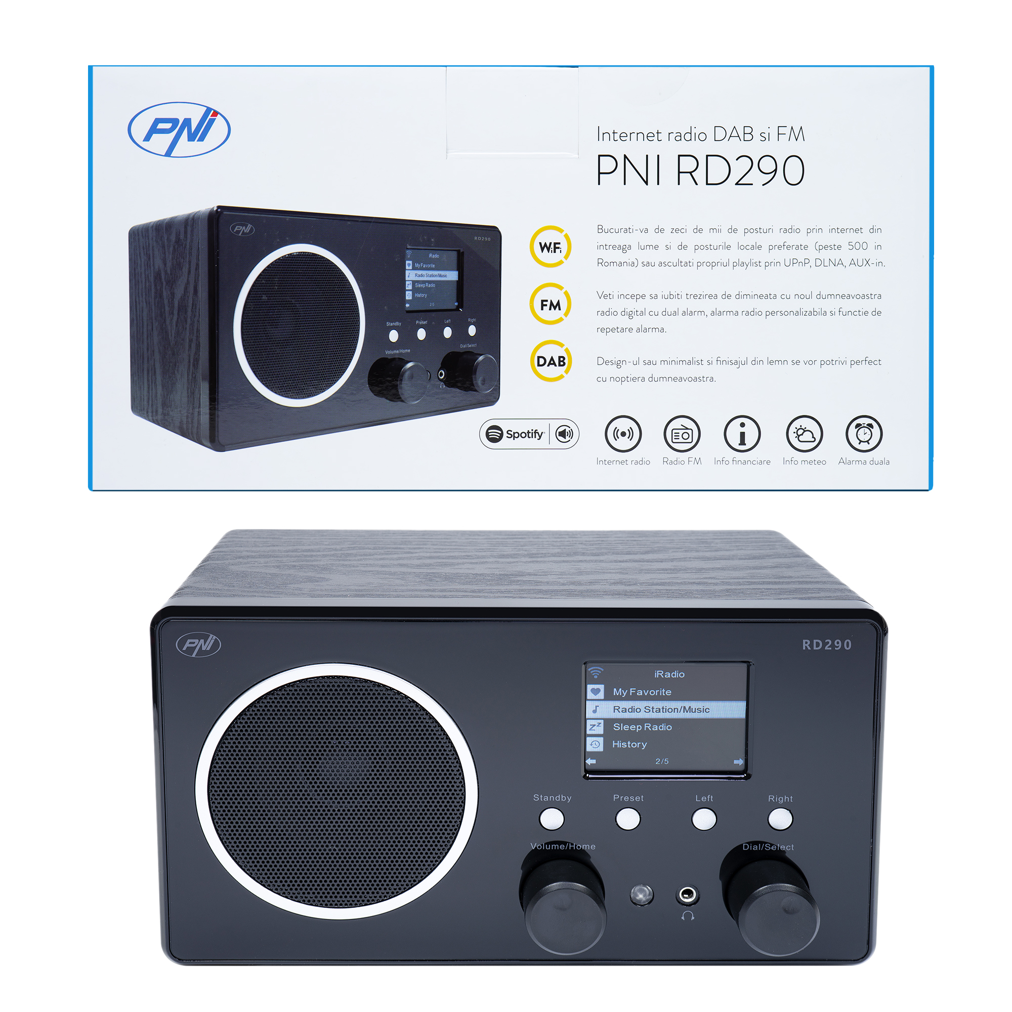 Radio internet DAB si FM PNI RD290 prin Wi-Fi, analog FM, Spotify Connect, APP Air Music Control, DLNA si UPnP, Dual Alarm, AUX-in 3.5, ecran color 2.4 inch