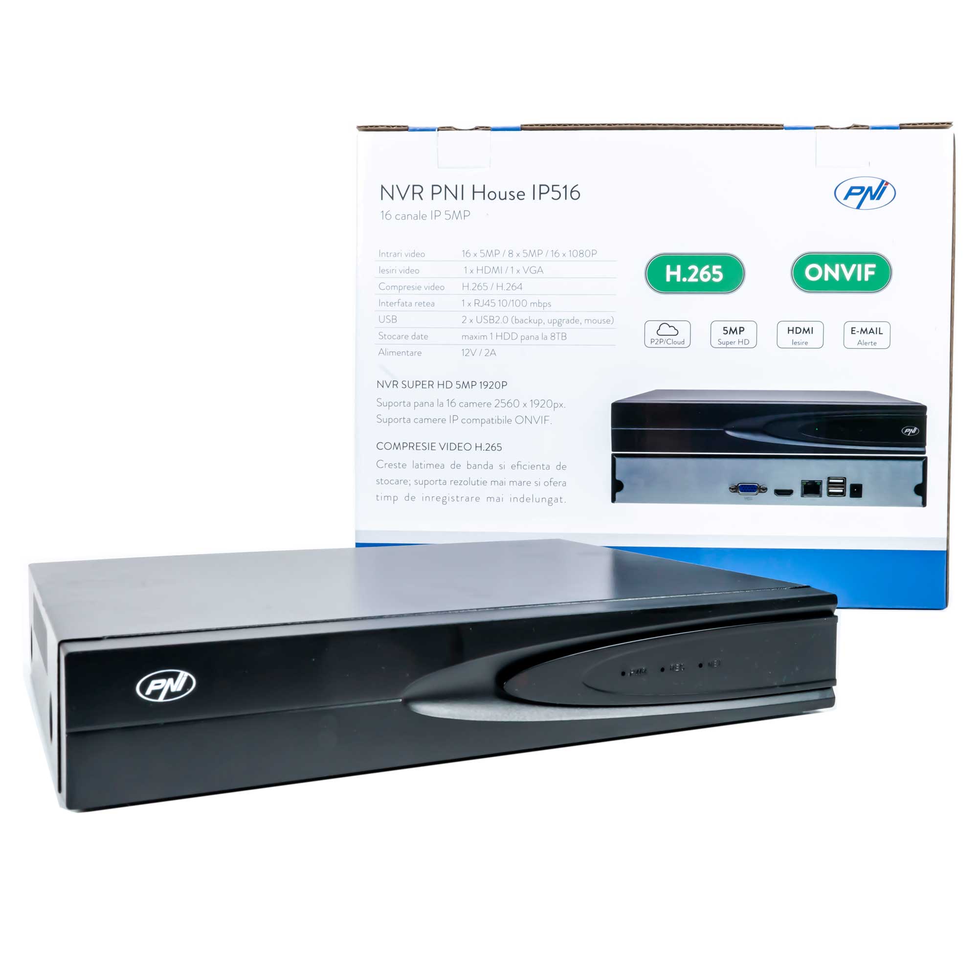 Nvr pni house ip516, 16 canale ip 5mp, h.265, onvif