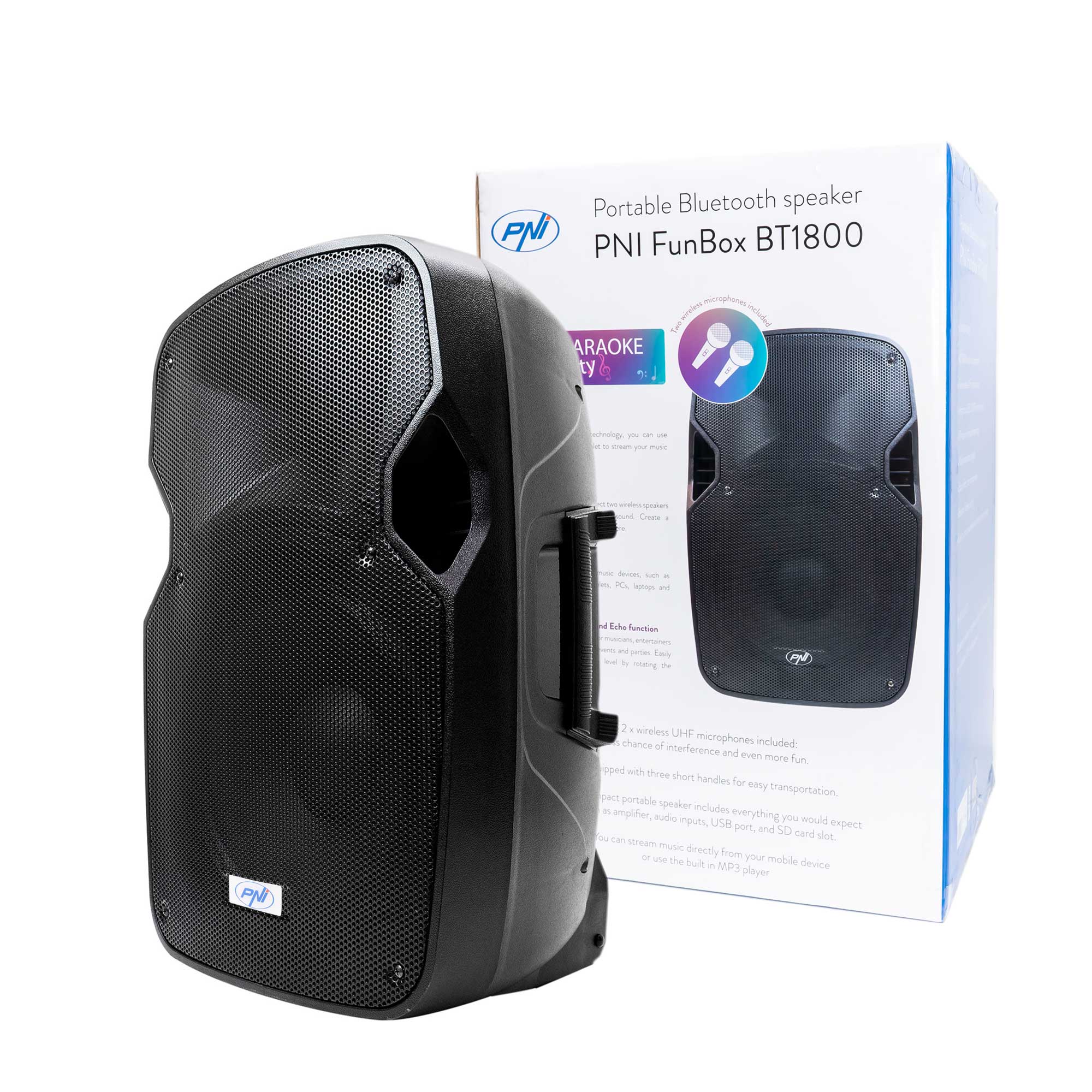 Boxa portabila PNI FunBox BT1800K, RMS 180W, woofer 12 inch, cu Bluetooth, MP3 player,cititor card SD, USB, radio FM, karaoke, functie Echo si 2 microfoane incluse