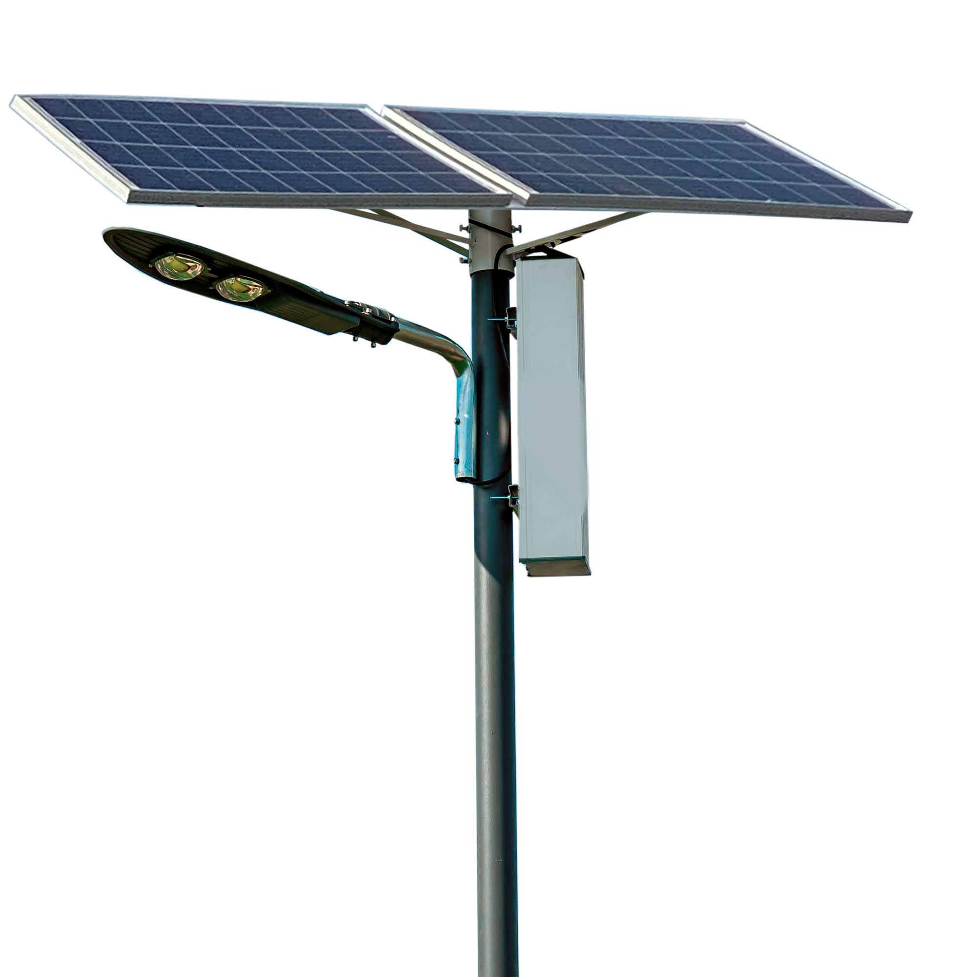 Stalp de iluminat stradal pni sl80 cu doua panouri fotovoltaice 160w, proiector cu 2 leduri 100w, acumulator 60ah si stalp de montaj