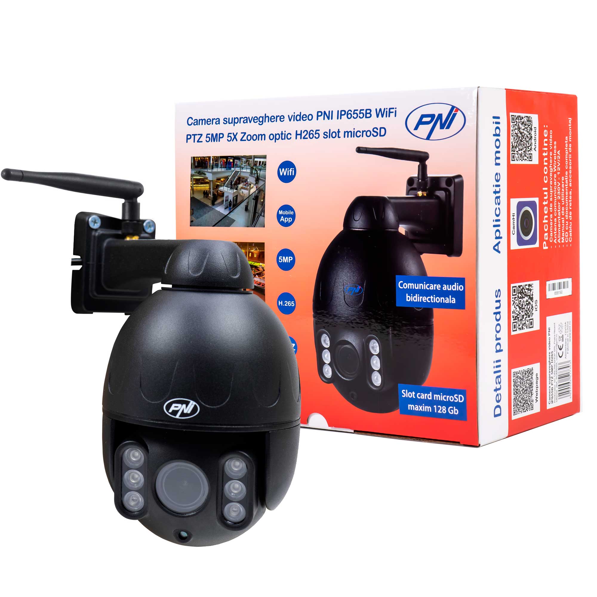 Camera supraveghere exterior PNI IP655B, 5MP, WiFi, PTZ, Zoom optic 5X, slot microSD, IR 50m