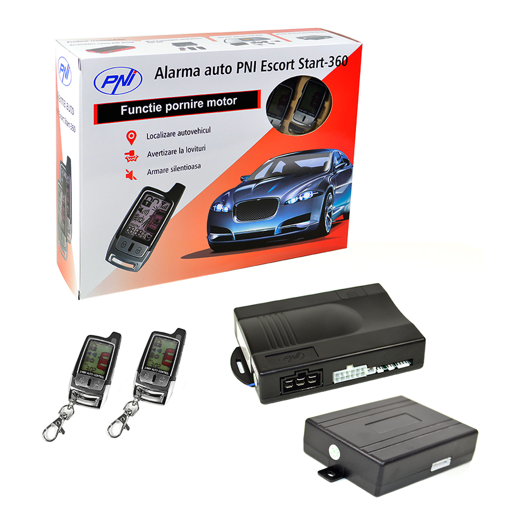 Alarma auto pni escort start 360 cu pager si pornire motor + modul de by-pass pni bps01 inclus