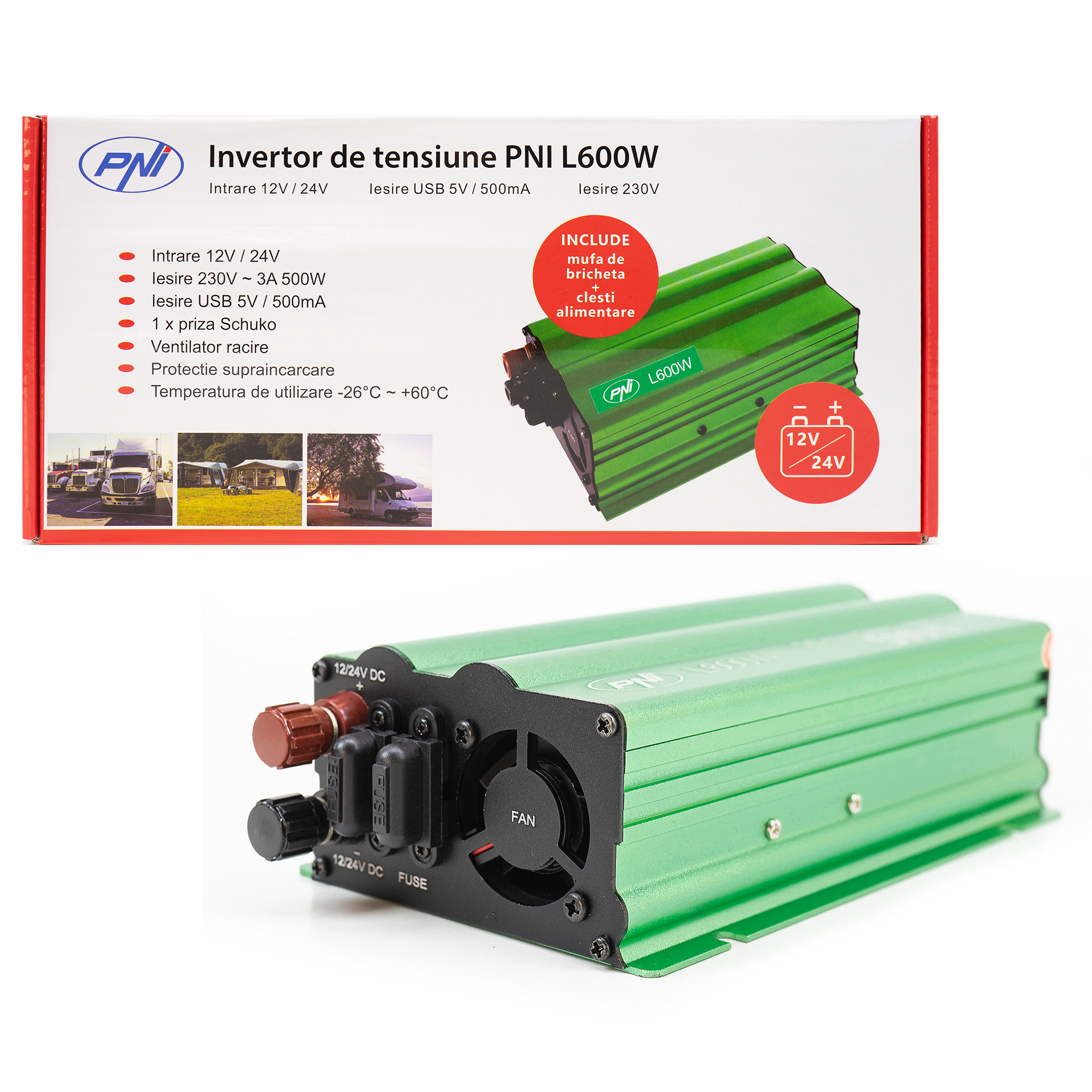 Invertor de tensiune pni l600w alimentare duala 12v/24v, iesire 230v, 500w, sinus modificat, mufa usb 5v 500mah, clesti alimentare si mufa bricheta