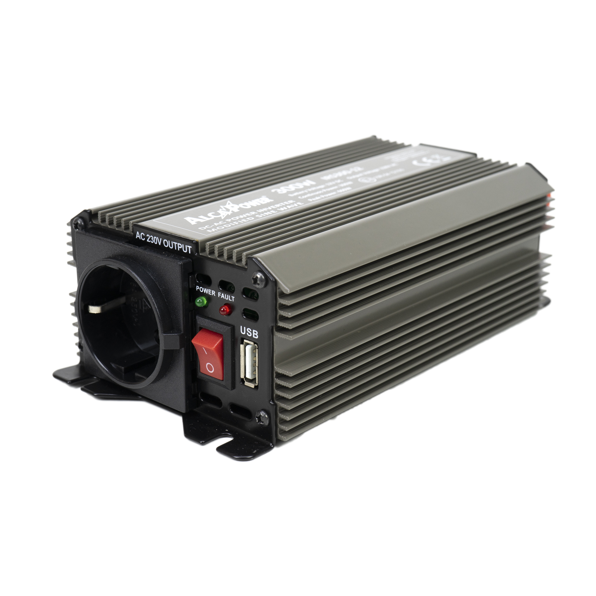 Invertor de tensiune alcapower by president 300w alimentare 12v, iesire 230v, unda sinus modificata, mufa usb 5v 500mah, clesti alimentare si mufa bricheta