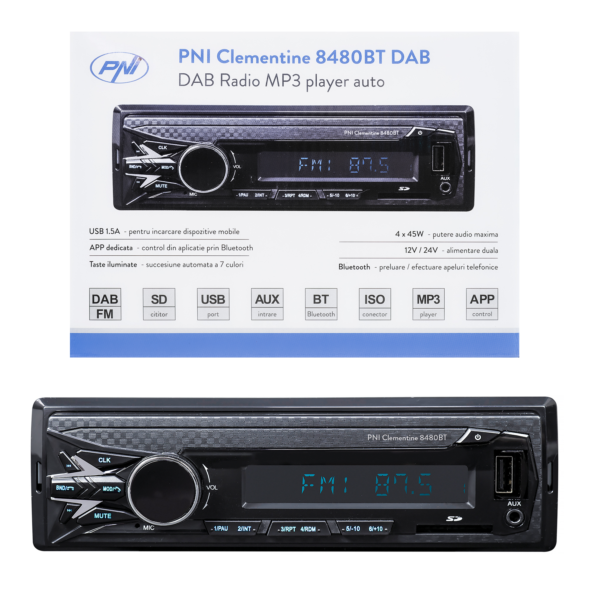 DAB Radio MP3 player auto PNI Clementine 8480BT 4x45w, 12/24V, 1 DIN, cu SD, USB, AUX, RCA, Bluetooth si USB 1.5A pentru incarcare telefon