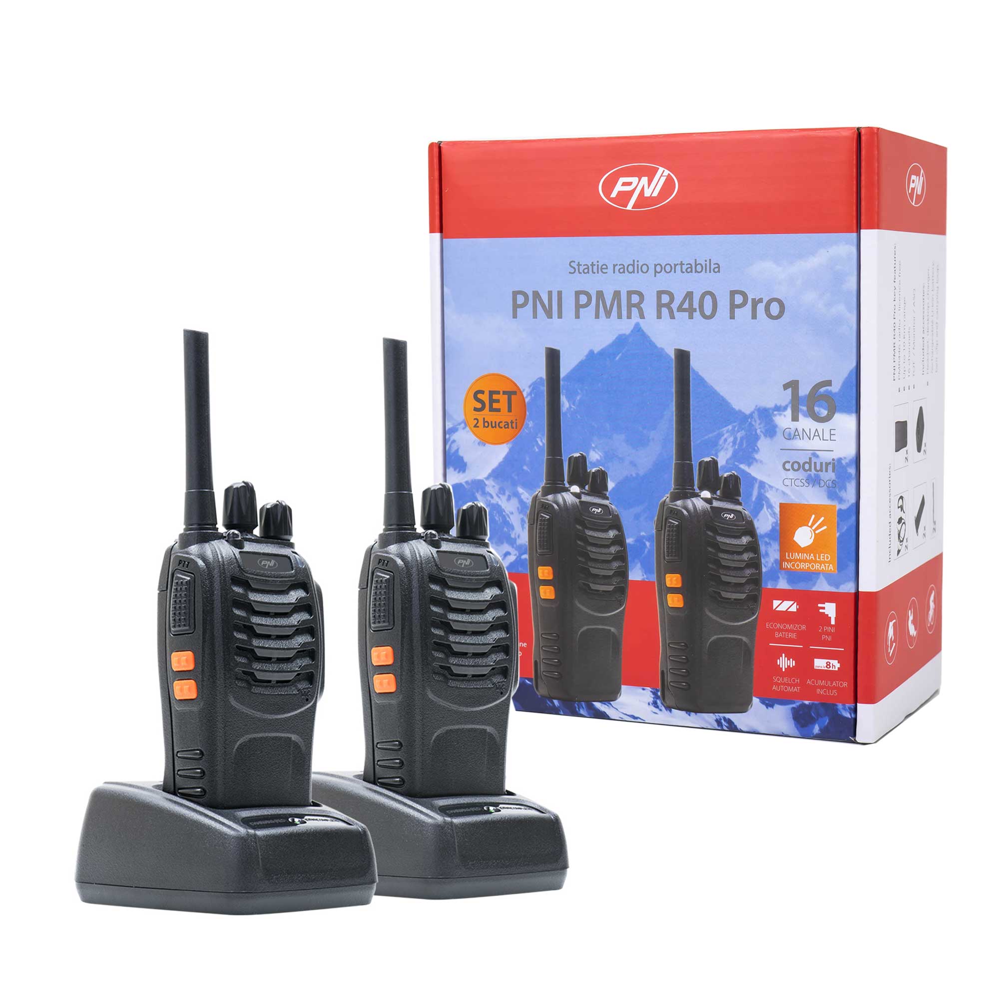 Statie radio portabila PNI PMR R40 PRO, set cu 2 buc, 0.5W, ASQ, TOT, monitor, programabila, acumulatori 1200mAh, incarcatoare si casti incluse