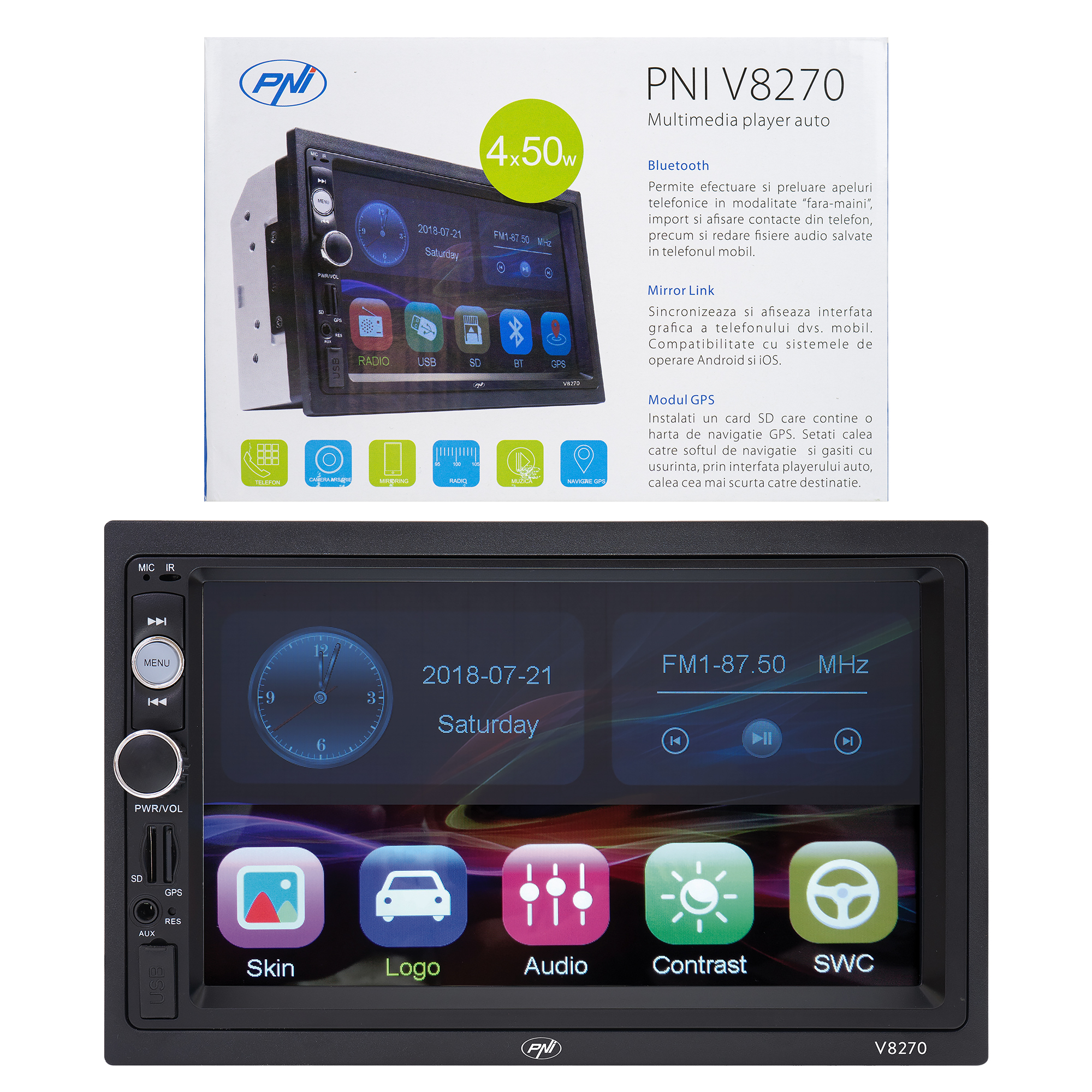 Navigatie multimedia PNI V8270 2 DIN cu GPS MP5, touch screen 7 inch, radio FM, Bluetooth, Mirror Link, AUX, USB, microSD