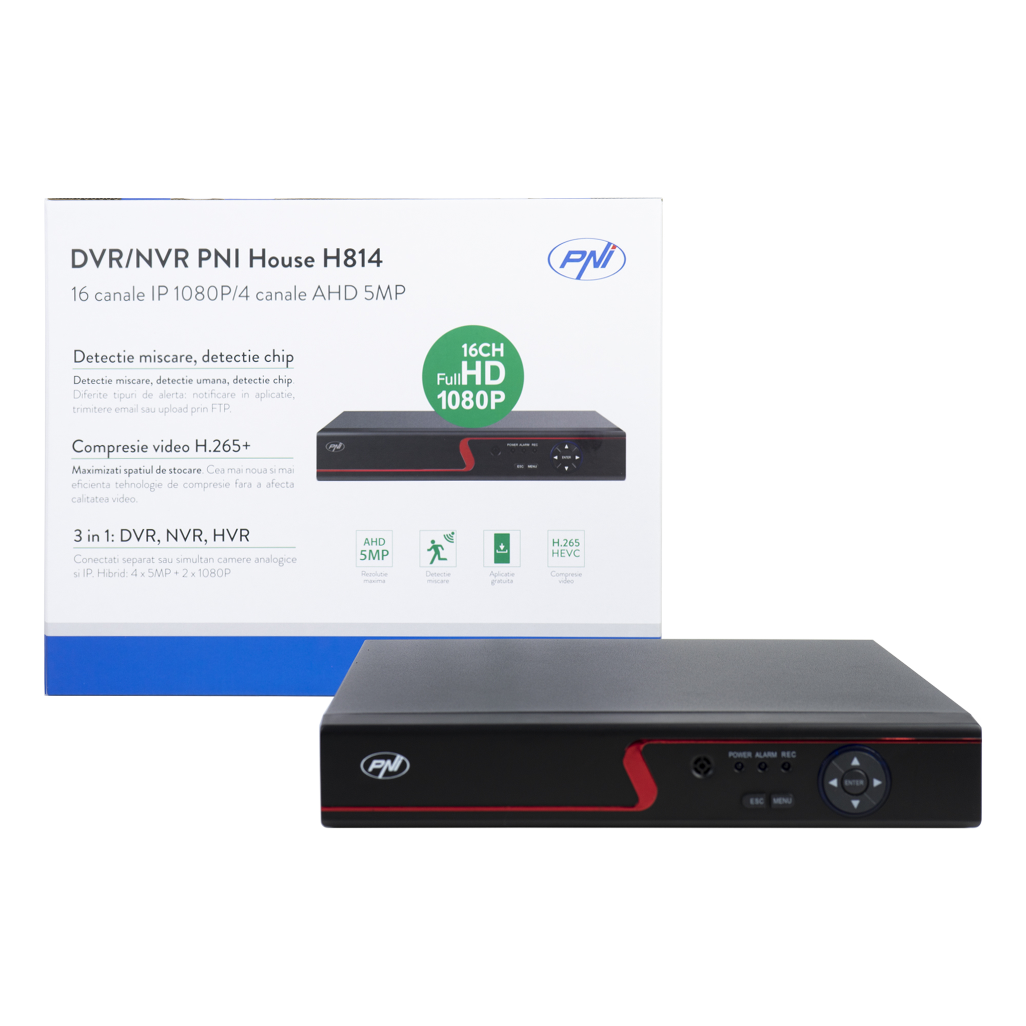 Dvr / nvr 4 canale 5mp, 16 canale ip 2mp, 4 intrari audio, iesire alarma - pni h814