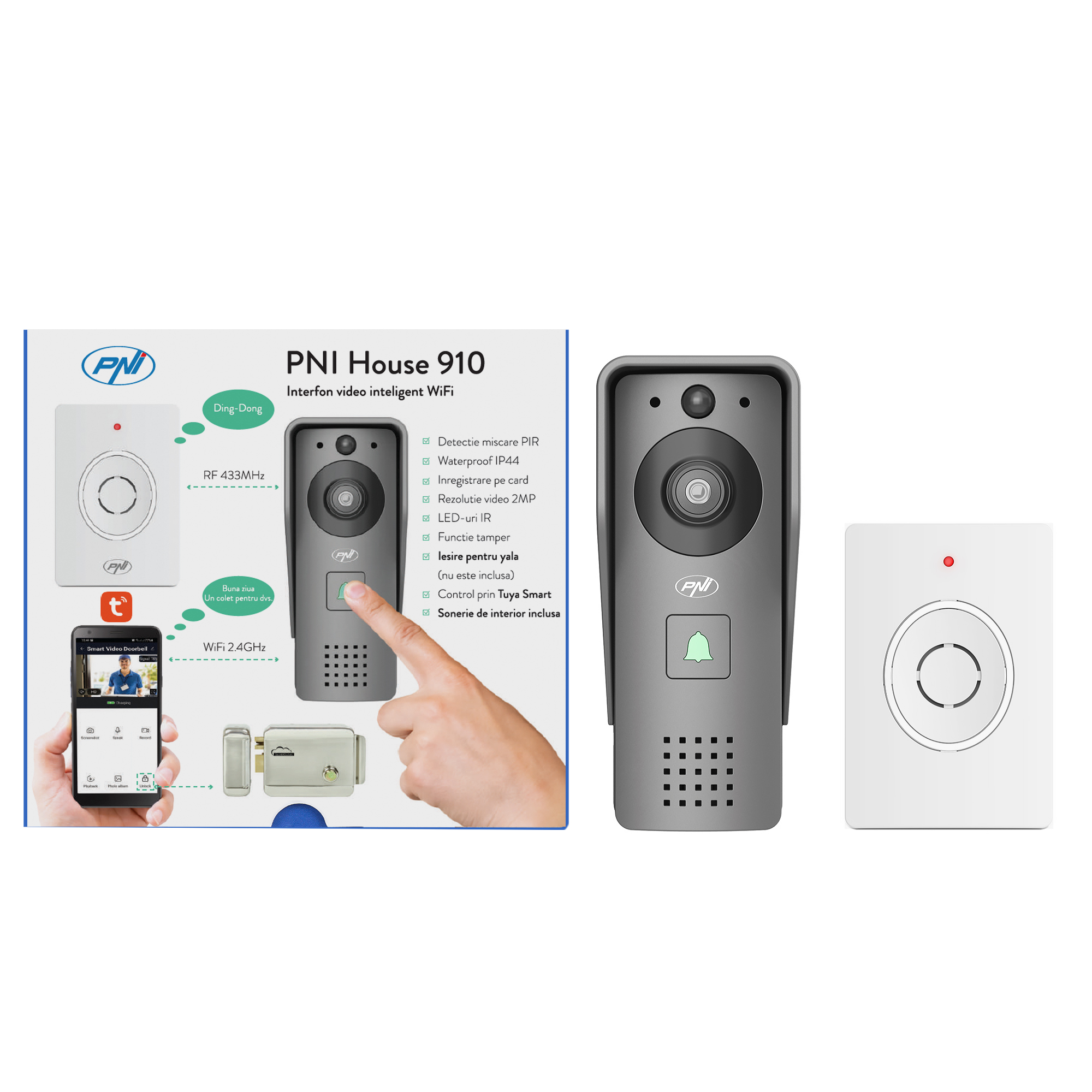Interfon video inteligent PNI House 910 WiFi HD, P2P, iesire yala, aplicatie dedicata Tuya Smart