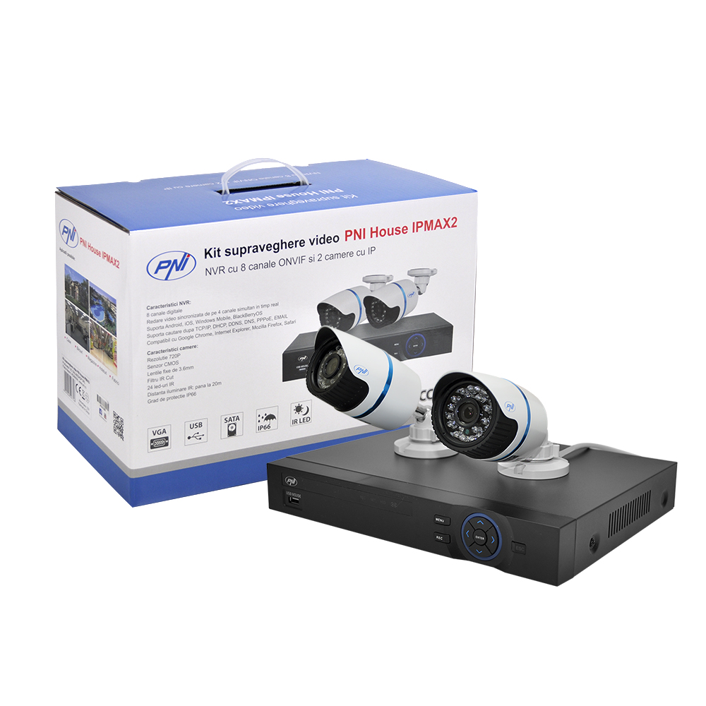 Kit supraveghere video pni house ipmax2 - nvr 12ch 960p onvif si 2 camere ip 720p incluse