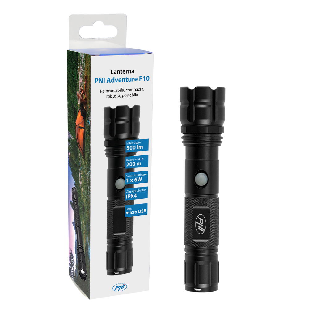 Lanterna pni adventure f10 din aluminiu cu led 1x6w, 500lm pana la 200m focus, cu acumulator si port micro usb