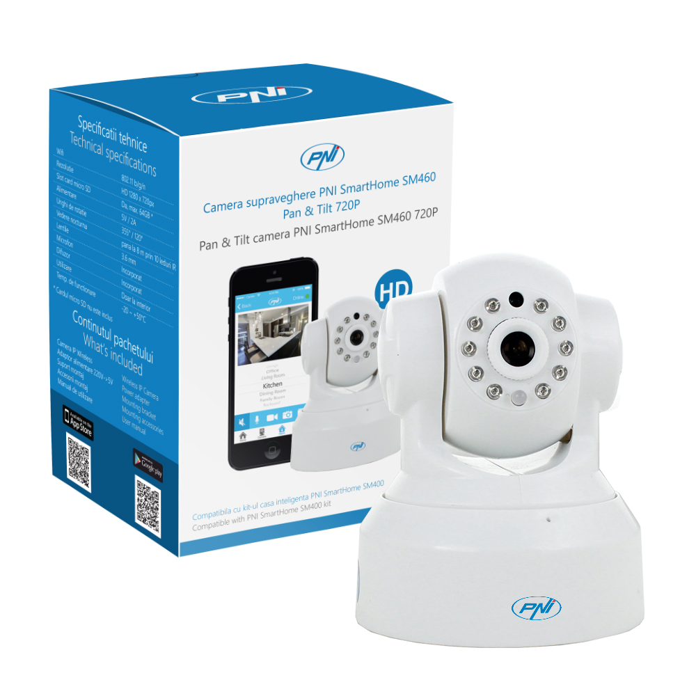 Camera supraveghere pni smarthome sm460 pan & tilt 720p controlabila prin internet, inregistreaza foto-video pe telefon