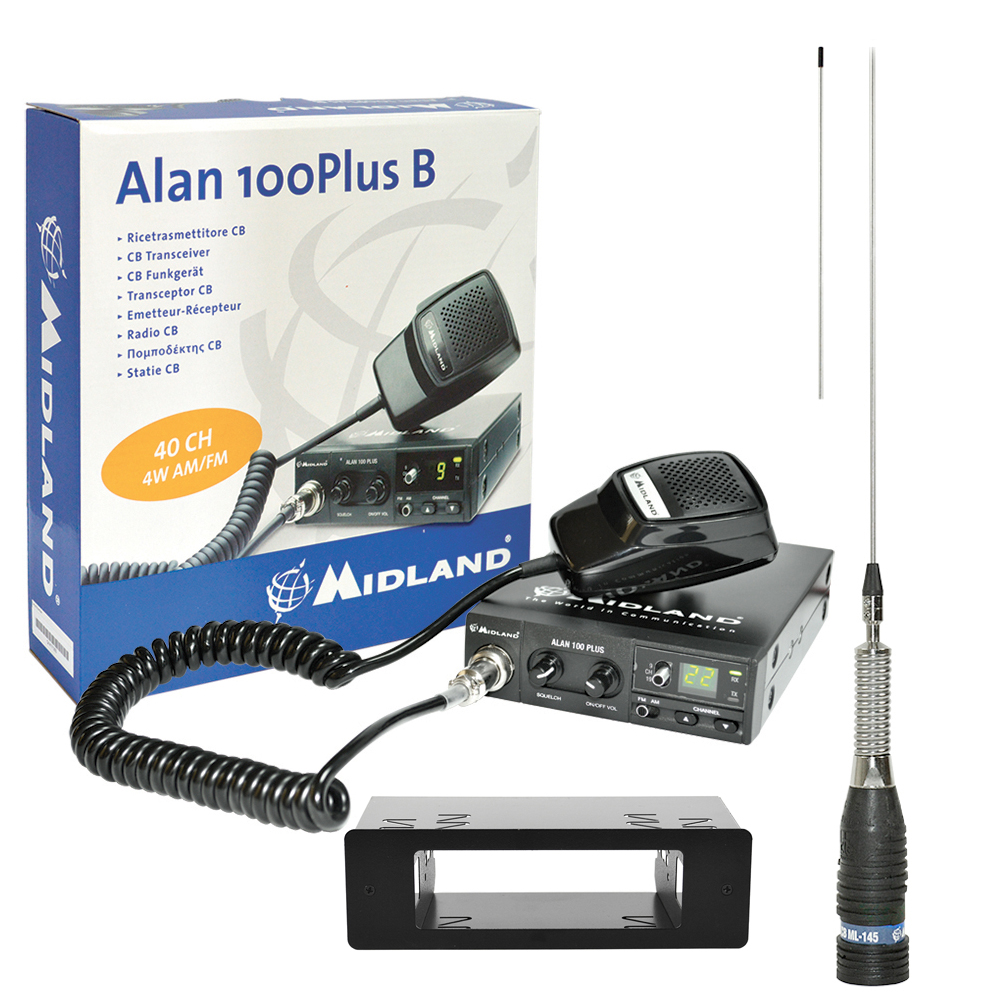 Kit Statie radio CB Midland Alan 100 + Carcasa 1DIN + Antena ML145 fara cablu