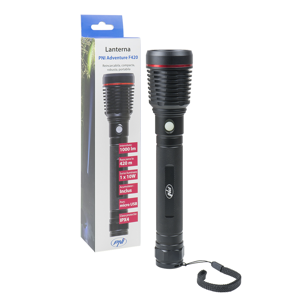 Lanterna pni adventure f420 din aluminiu cu led 1000lm pana la 420m, cu acumulator si port micro usb