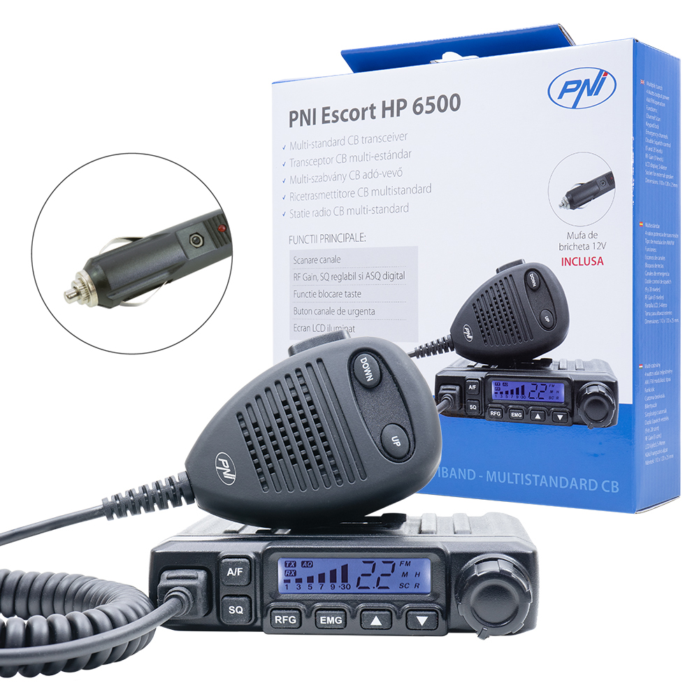 Statie radio CB PNI Escort HP 6500, multistandard, 4W, AM-FM, 12V, ASQ, RF Gain, mufa de bricheta inclusa