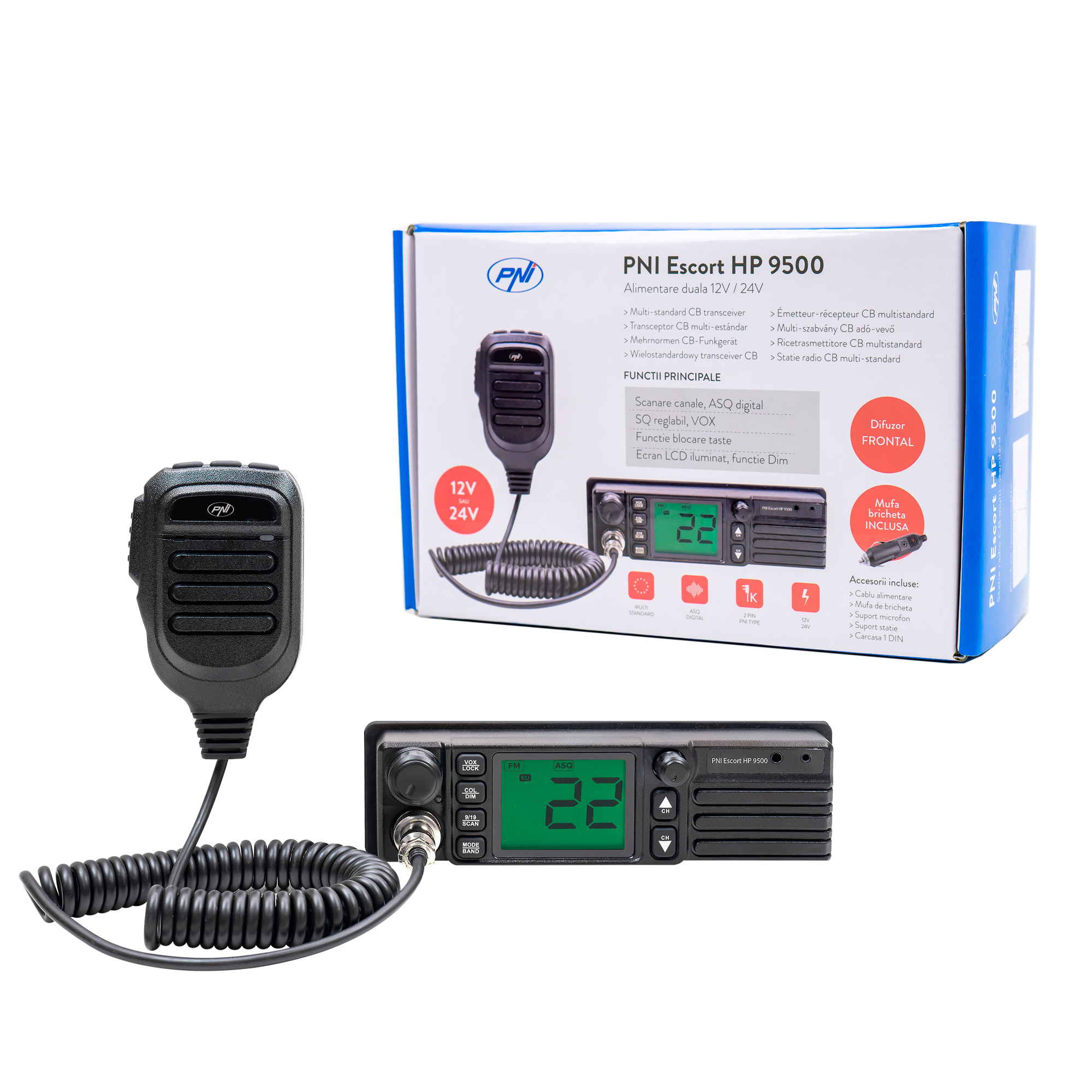 Statie radio cb pni escort hp 9500 multistandard, asq, vox, scan, 4w, am-fm, alimentare 12v/24v, mufa de bricheta inclusa
