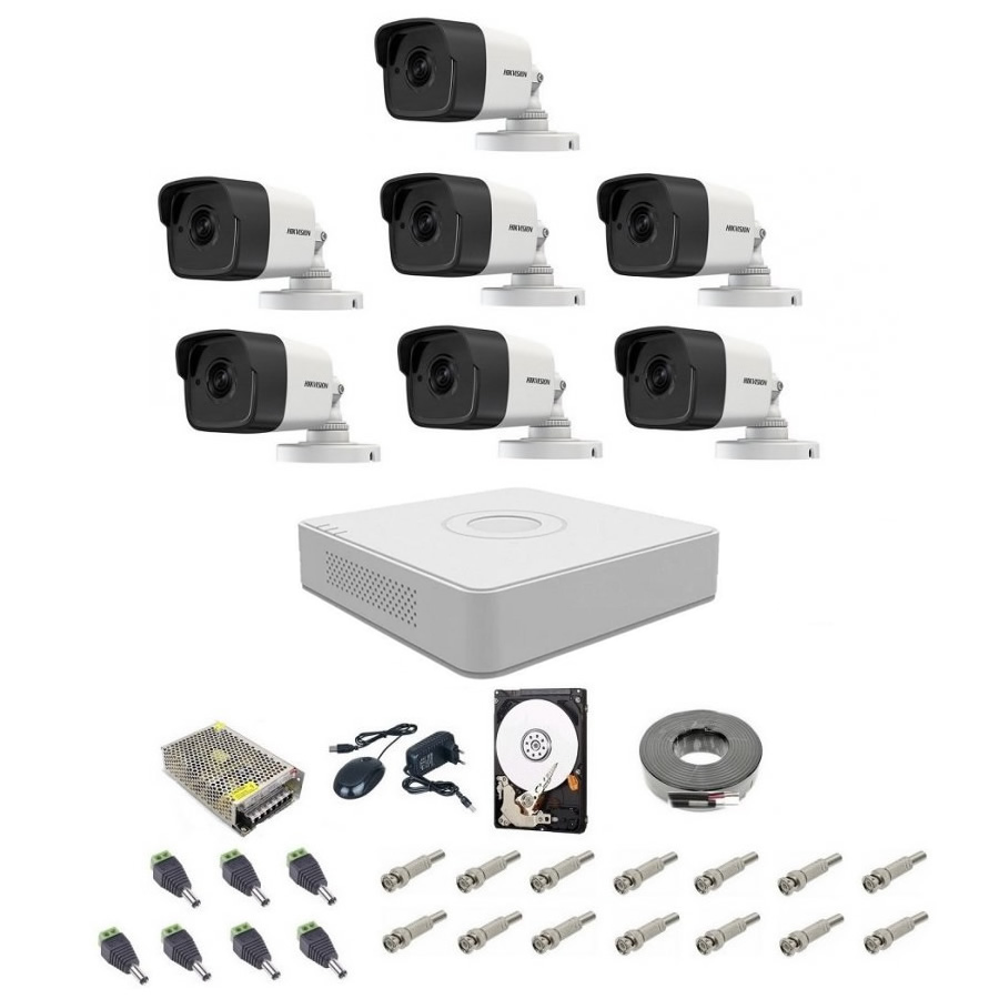 Kit complet supraveghere 5 MP Hikvision Turbo HD cu 7 camere Bullet IR 20 m, alimentatori, cabluri, mufe, HDD 2Tb, vizualizare pe internet