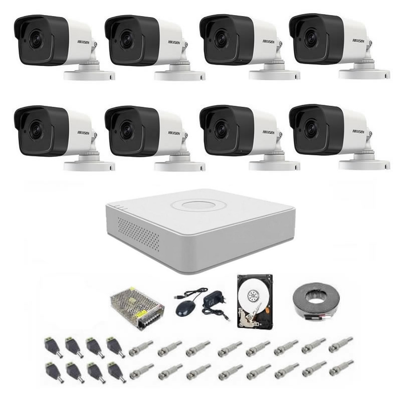 Sistem supraveghere Audio-Video 5 MP Hikvision Turbo HD cu 8 camere Bullet IR 20m, alimentatori, cabluri, mufe, HDD 2Tb