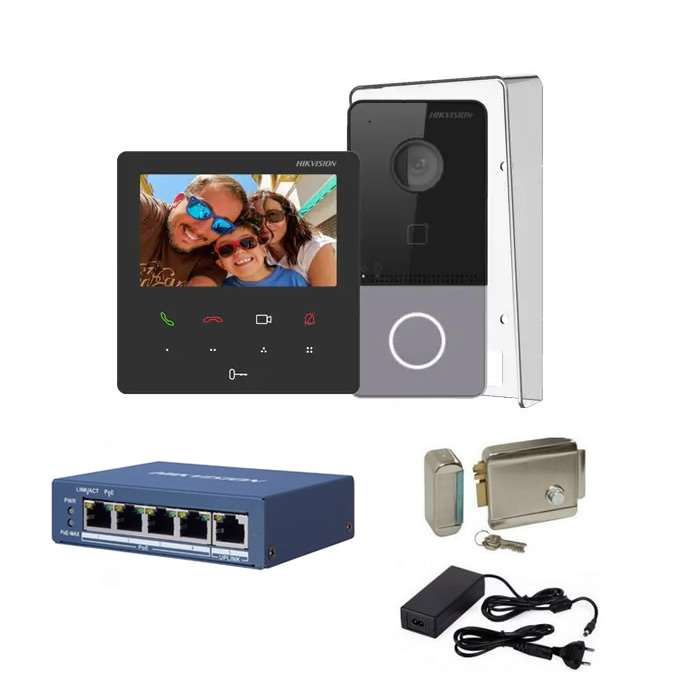 Kit complet videointerfon IP Hikvision pentru 1 familie, 1 post de interior 4.3 inch