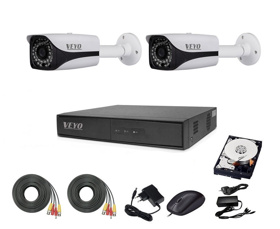 Sistem de supraveghere exterior complet, 5mp, ir 30 m, 2 camere, cabluri mufate