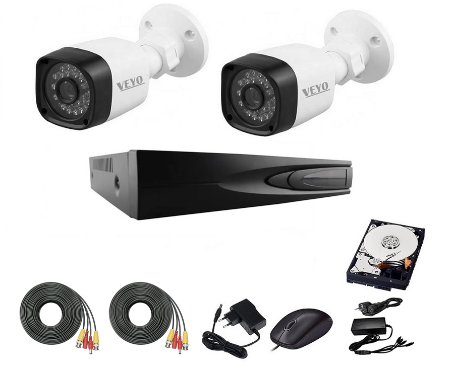 Sistem supraveghere hd exterior complet, 1.4 mp, ir 30 m, 2 camere, cabluri mufate