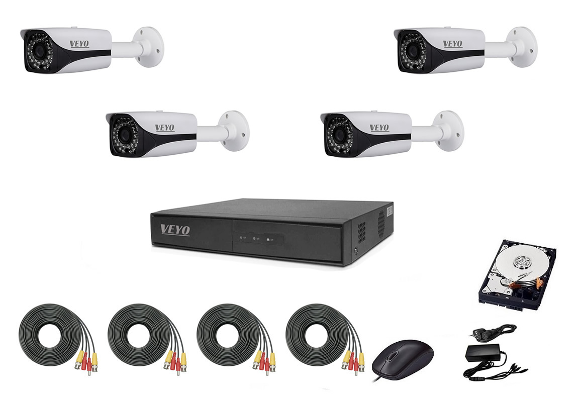 Sistem de supraveghere exterior complet, 5mp, ir 30 m, 4 camere, cabluri mufate