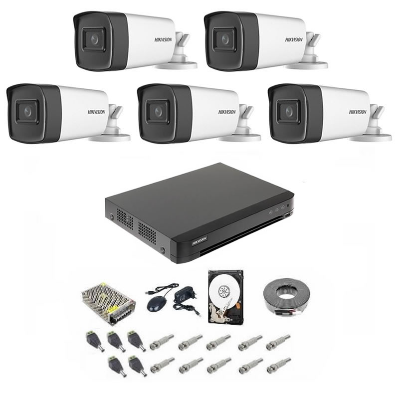 Sistem supraveghere audio-video complet 5 camere hikvision 5 mp, ir 40 m