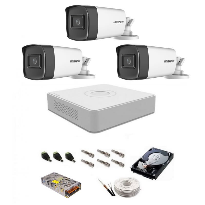 Sistem complet supraveghere 5 MP Hikvision Turbo HD cu 3 camere Bullet IR 40 m