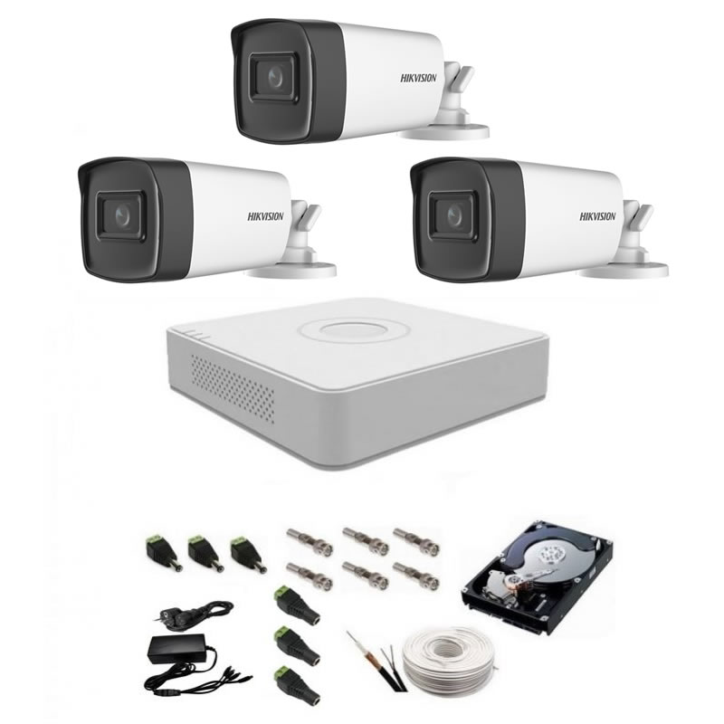 Sistem complet supraveghere 5 MP Hikvision Turbo HD cu 3 camere Bullet IR 80 m