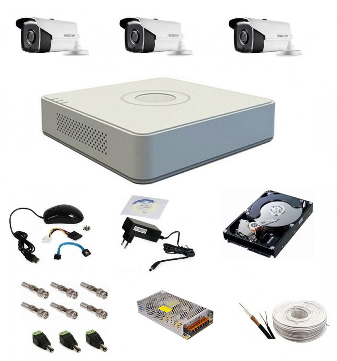 Sistem supraveghere complet, 3 camere 1080p hikvision turbohd ir 80m