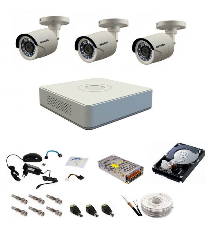 Sistem supraveghere complet 3 camere Hikvision Turbo HD 1080P, IR 20M