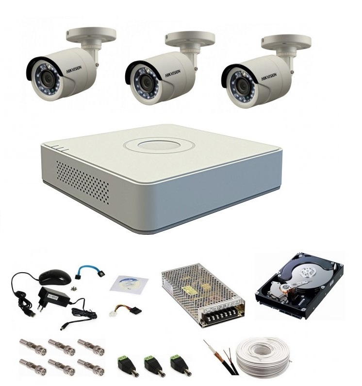Sistem supraveghere complet 3 camere hikvision turbo hd 720p