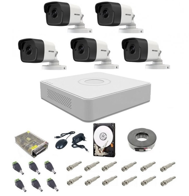 Sistem supraveghere complet 5 camere Hikvision Turbo Hd, 5 MP, IR la 20 m