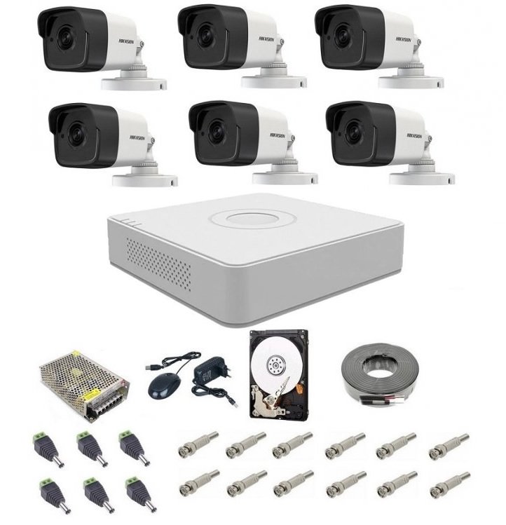 Kit complet supraveghere 5 mp hikvision turbo hd cu 6 camere bullet ir 20 m,alimentatori, cabluri, mufe, hdd 1tb, vizualizare pe internet