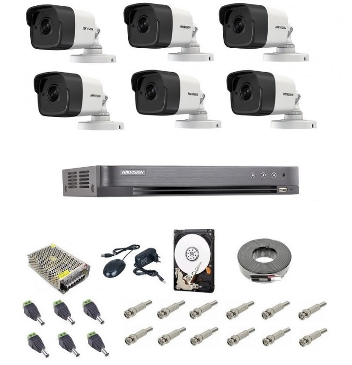 Kit complet supraveghere 5 MP Hikvision Turbo HD cu 6 camere Bullet IR 20 m,alimentatori, cabluri, mufe, HDD 1Tb, vizualizare pe internet