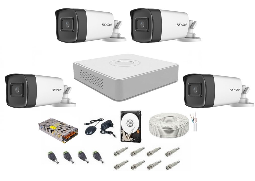 Sistem supraveghere audio-video complet 4 camere Hikvision 5 Mp, ir 40 m