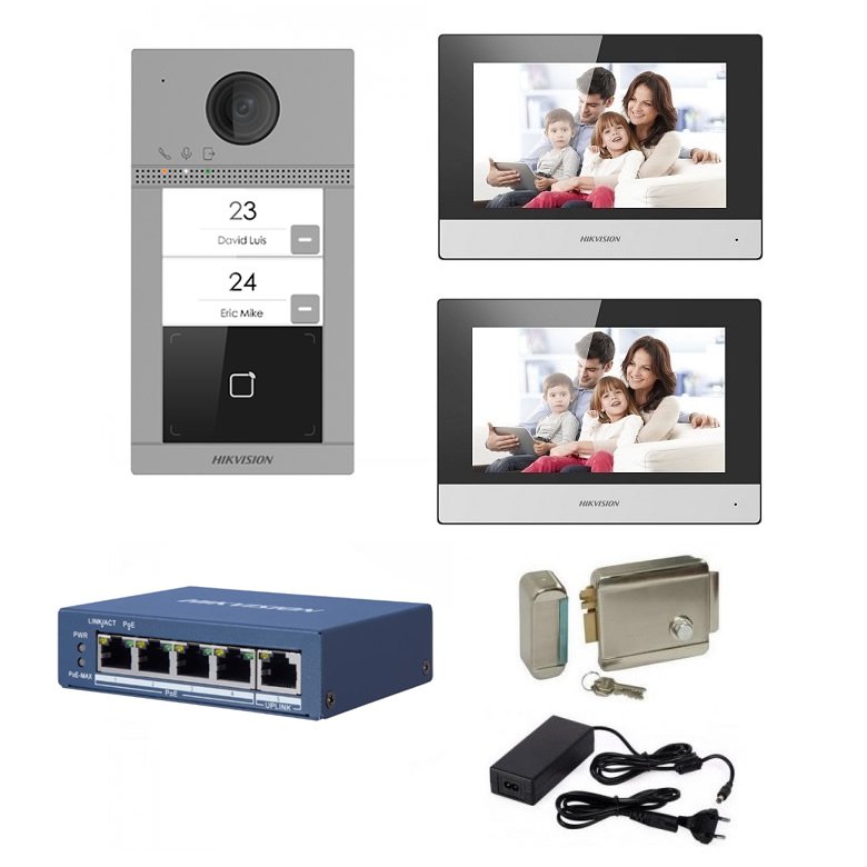 Kit videointerfon complet IP Hikvision pentru 2 familii