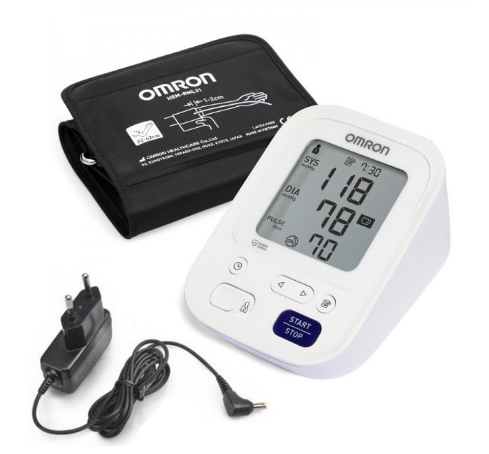 Pachet tensiometru digital automat cu manseta de brat, omron m3, detectie aritmie, manseta mare, cu adaptor inclus